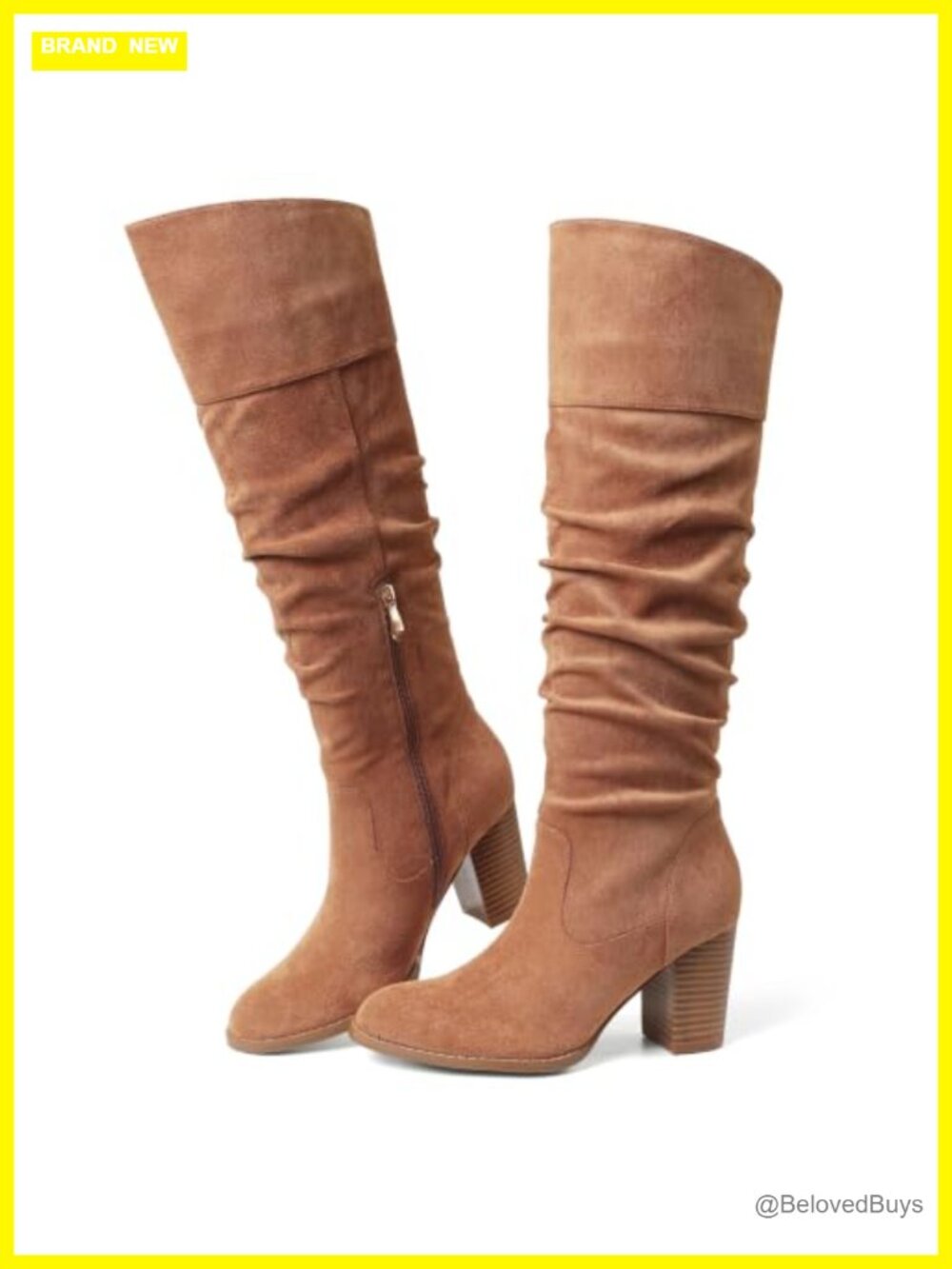 Suede Slouch Knee High Boots Chunky Block Heel Tall Pull On